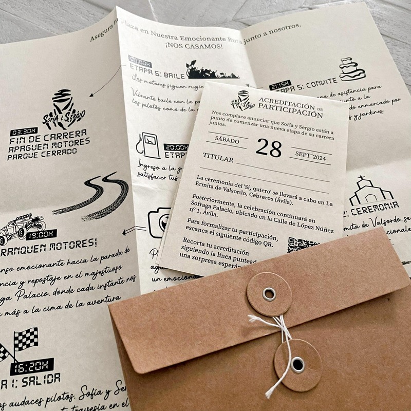 Boda rally Dakar - Invitación de boda original con itinerario y acreditación para la competición.
